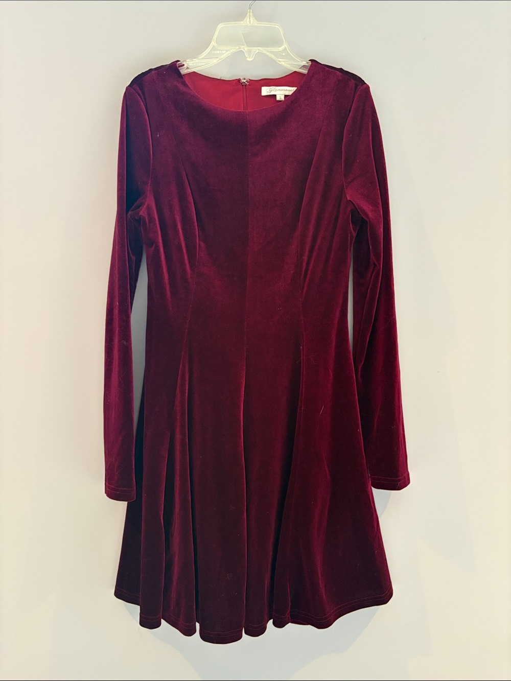 Glamorous Burgundy Velvet Long-Sleeve Fit & Flare Dress